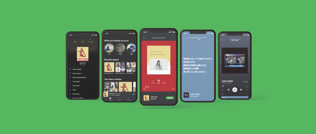 Five black phones display a range of Spotify’s user interfaces. 

